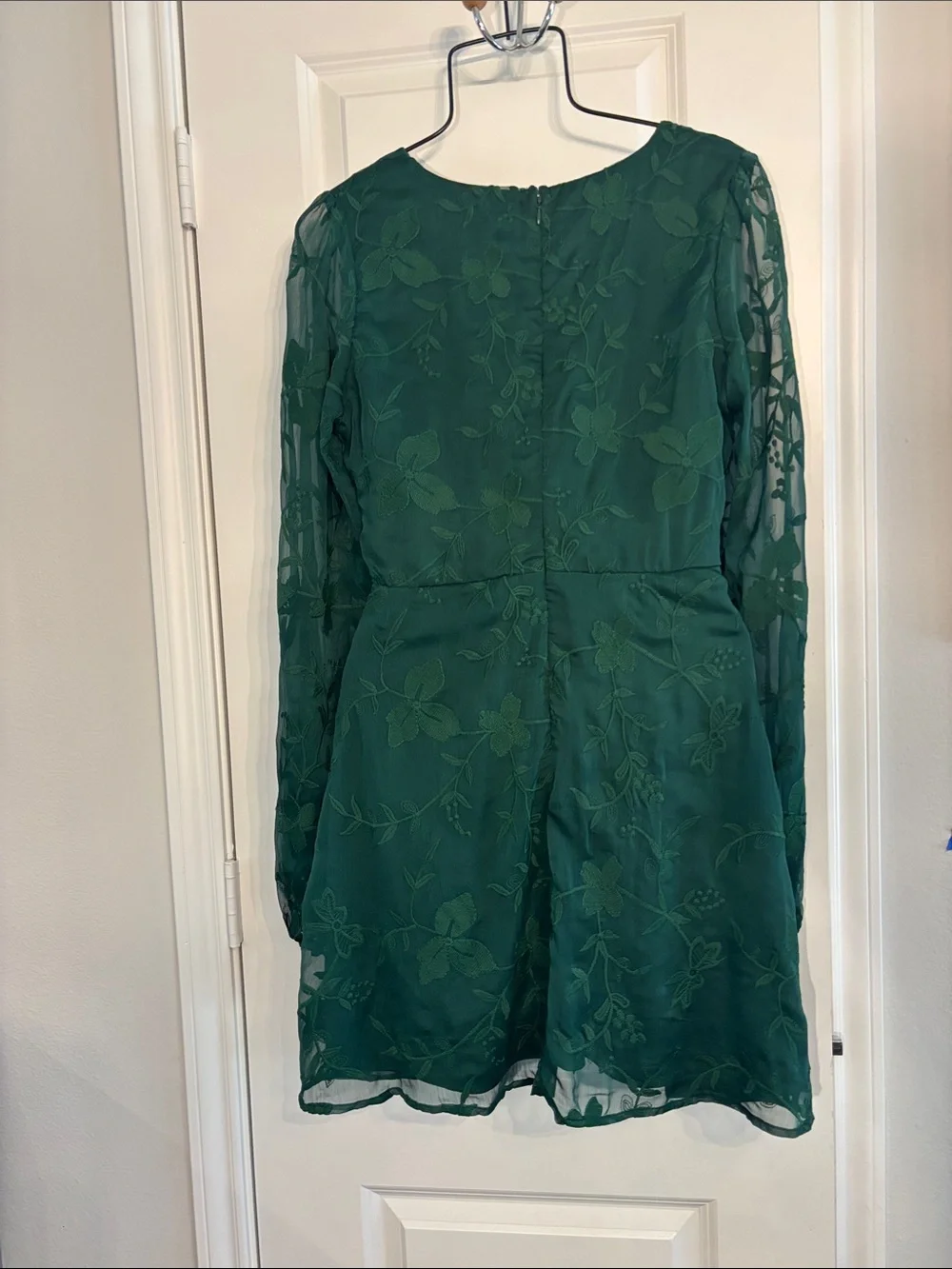 Lulu's Emerald Green V-Neck Floral Embroidered Sheer-Long Sleeve Mini Dress. Med